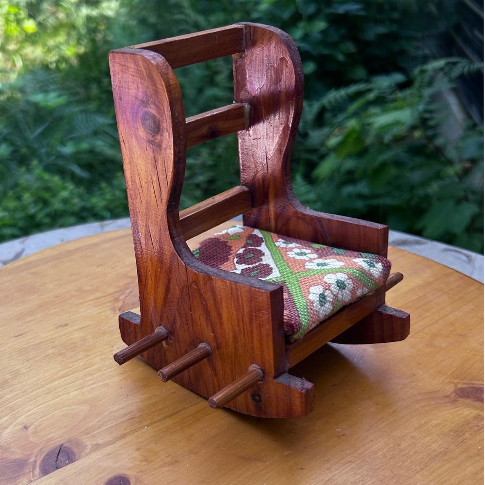 Vintage Miniature Wooden Rocking Chair Brow 70s Retro Floral Woven Cushion Riser